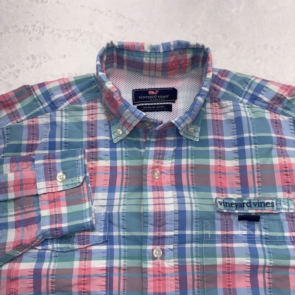 Vineyard Vines Shirt Men's Size Medium Blue Pink Plaid Long Sleeve Harbor Vented